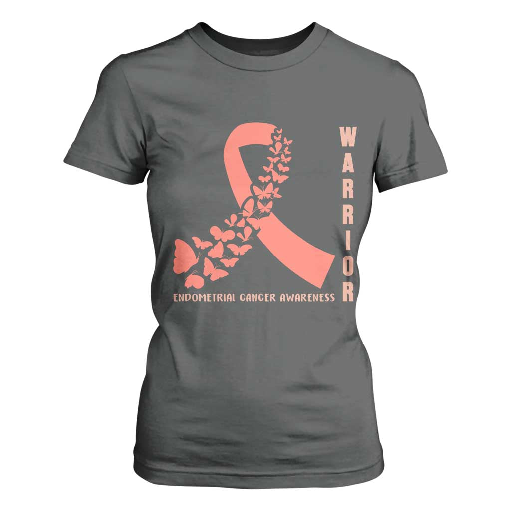 Endometrial Cancer Warrior Fighter Butterfly T Shirt For Women Peach Ribbon Hope