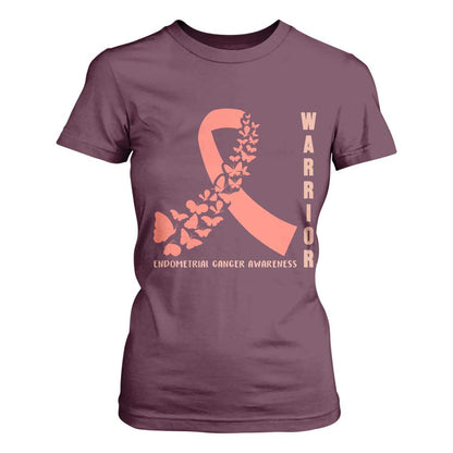 Endometrial Cancer Warrior Fighter Butterfly T Shirt For Women Peach Ribbon Hope