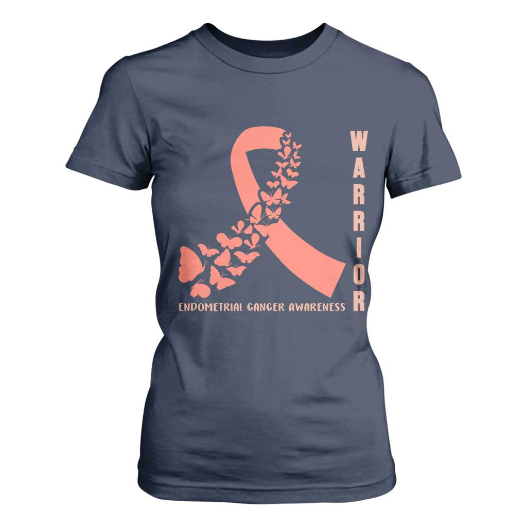 Endometrial Cancer Warrior Fighter Butterfly T Shirt For Women Peach Ribbon Hope