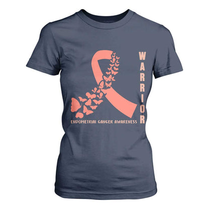 Endometrial Cancer Warrior Fighter Butterfly T Shirt For Women Peach Ribbon Hope
