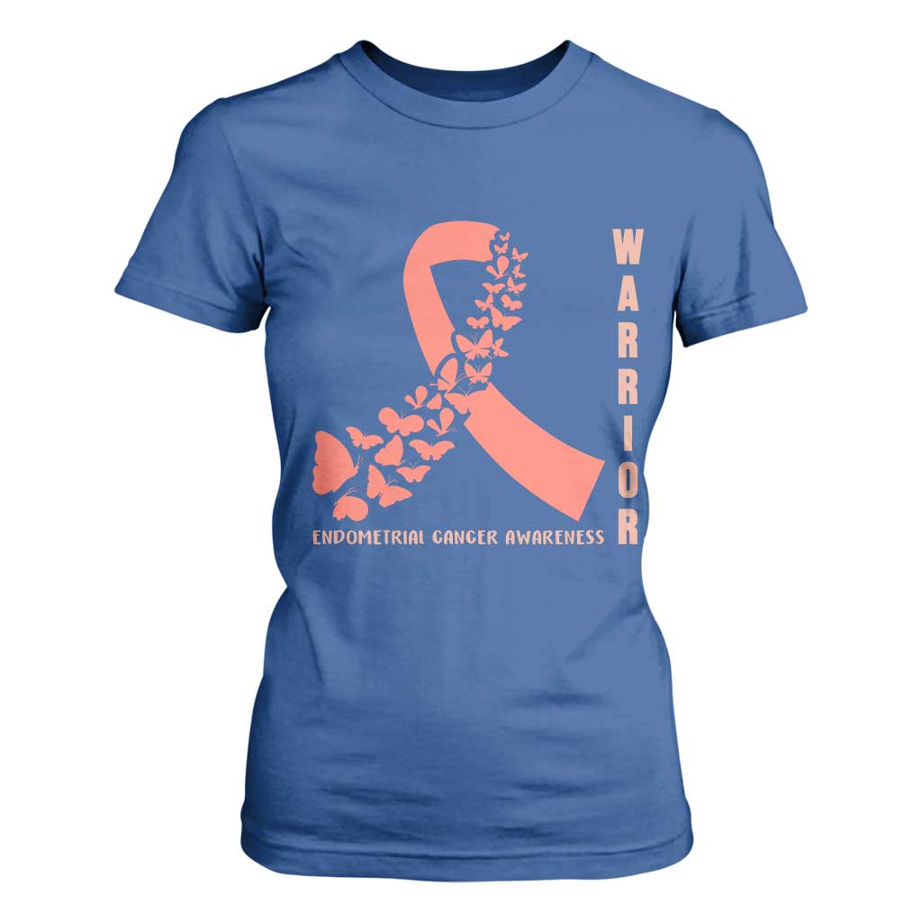 Endometrial Cancer Warrior Fighter Butterfly T Shirt For Women Peach Ribbon Hope