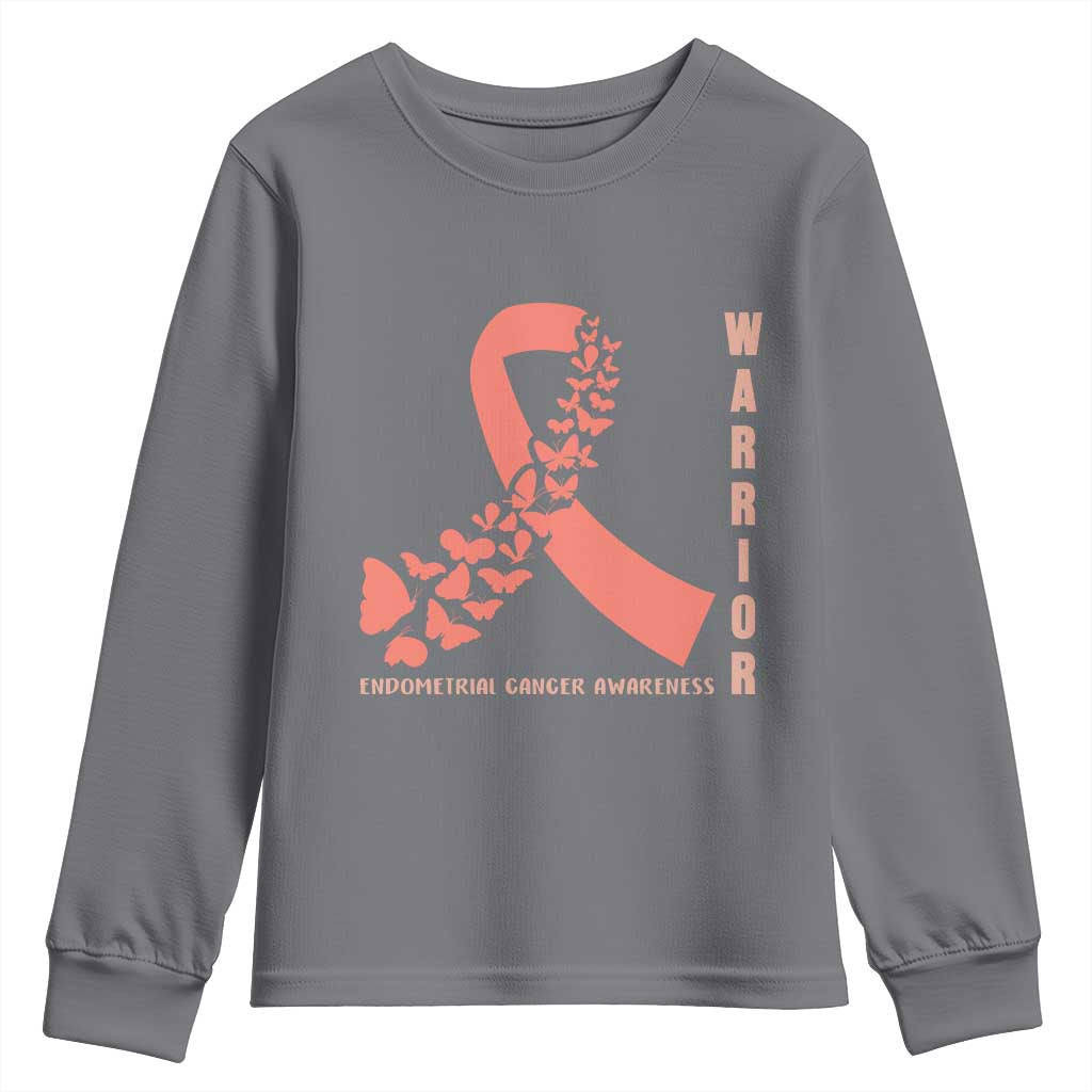 Endometrial Cancer Warrior Fighter Butterfly Youth Sweatshirt Peach Ribbon Hope