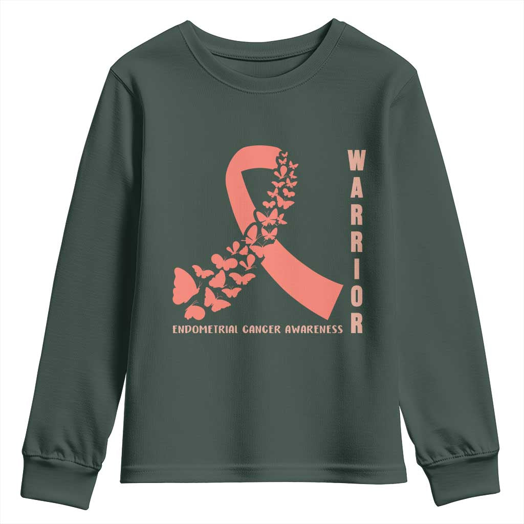 Endometrial Cancer Warrior Fighter Butterfly Youth Sweatshirt Peach Ribbon Hope