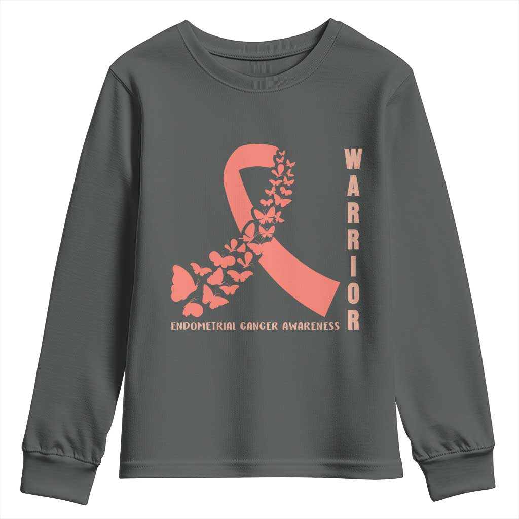 Endometrial Cancer Warrior Fighter Butterfly Youth Sweatshirt Peach Ribbon Hope