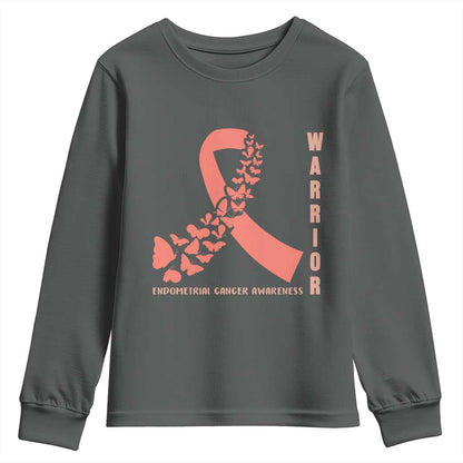 Endometrial Cancer Warrior Fighter Butterfly Youth Sweatshirt Peach Ribbon Hope