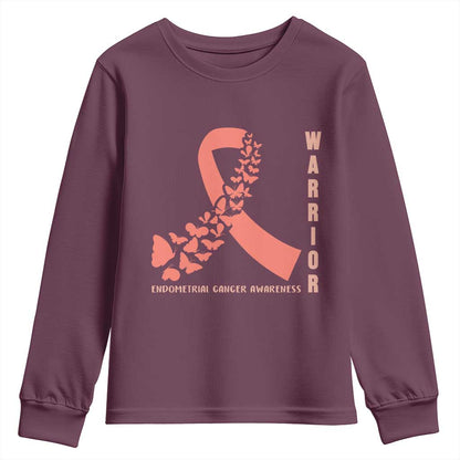 Endometrial Cancer Warrior Fighter Butterfly Youth Sweatshirt Peach Ribbon Hope