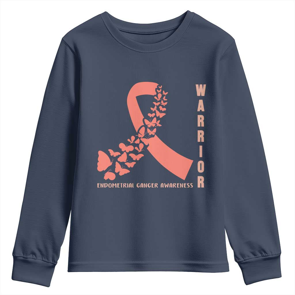 Endometrial Cancer Warrior Fighter Butterfly Youth Sweatshirt Peach Ribbon Hope