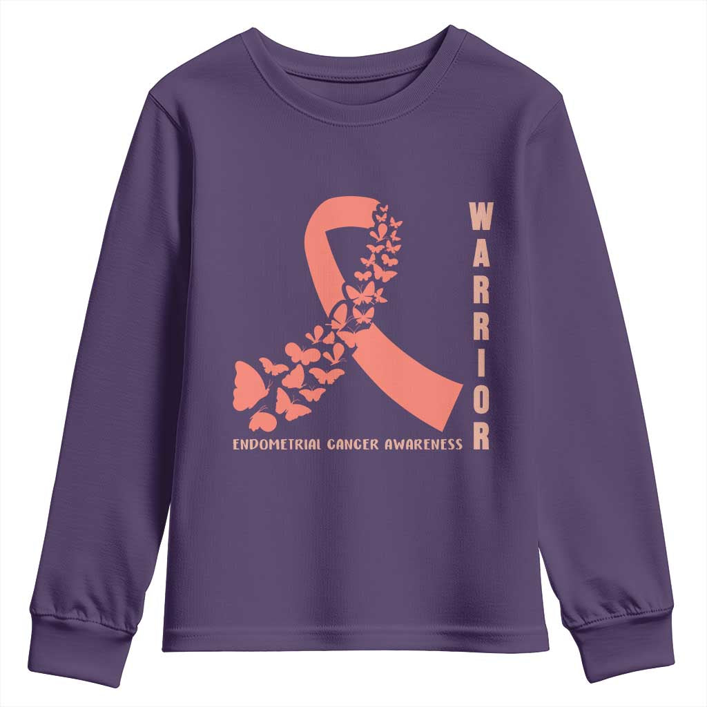 Endometrial Cancer Warrior Fighter Butterfly Youth Sweatshirt Peach Ribbon Hope