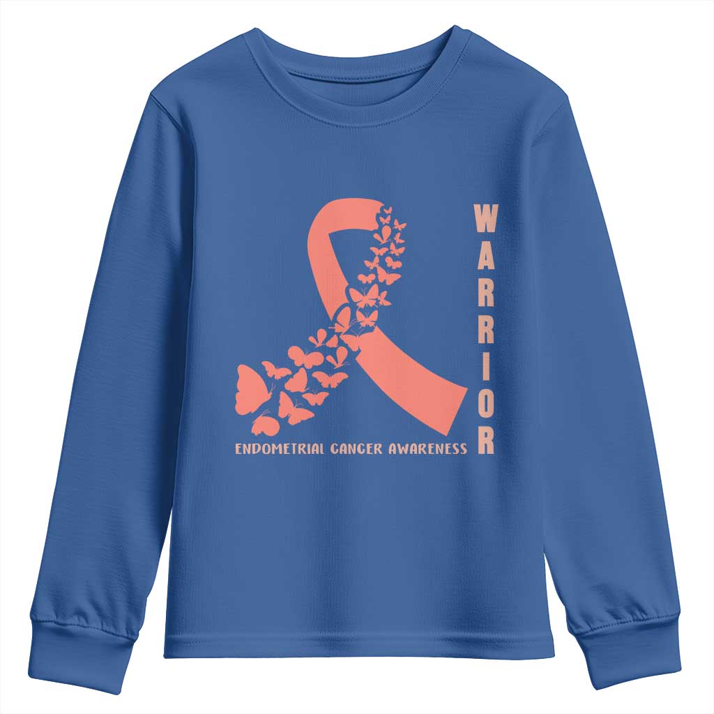 Endometrial Cancer Warrior Fighter Butterfly Youth Sweatshirt Peach Ribbon Hope