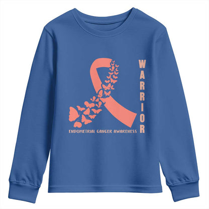 Endometrial Cancer Warrior Fighter Butterfly Youth Sweatshirt Peach Ribbon Hope