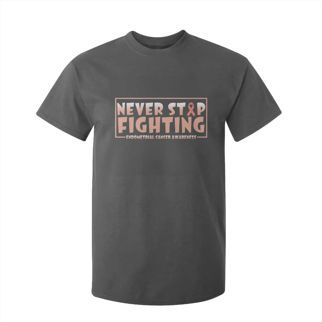 Endometrial Cancer Fighter T Shirt For Kid Never Stop Fighting Peach Ribbon