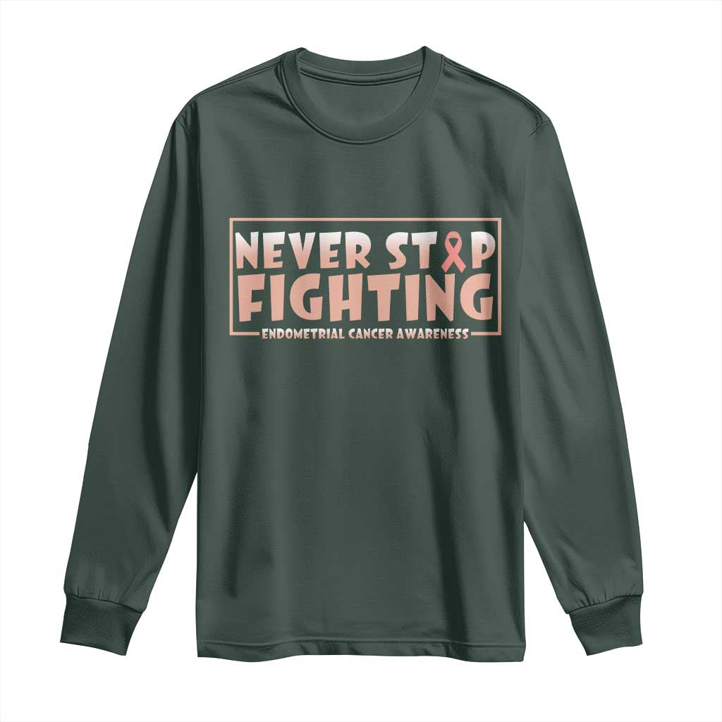 Endometrial Cancer Fighter Long Sleeve Shirt Never Stop Fighting Peach Ribbon