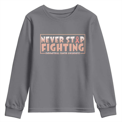 Endometrial Cancer Fighter Youth Sweatshirt Never Stop Fighting Peach Ribbon