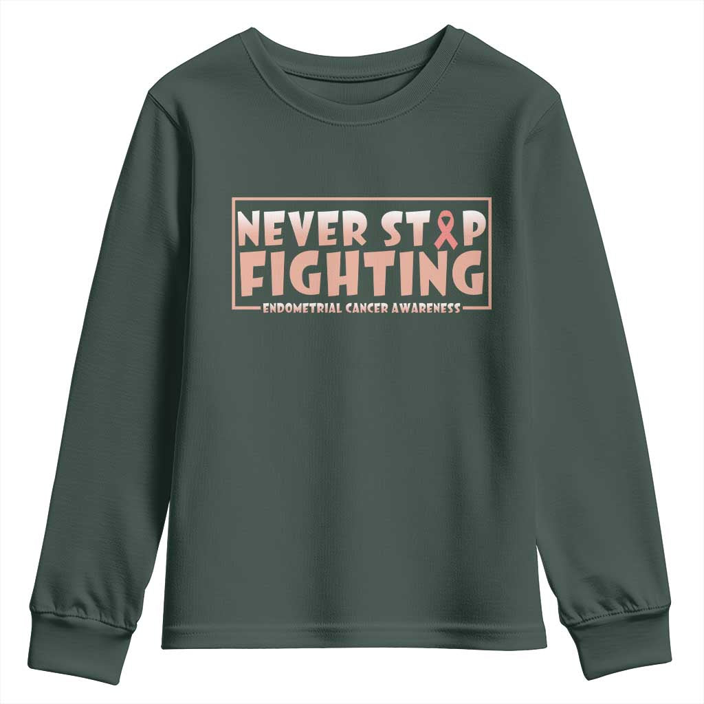 Endometrial Cancer Fighter Youth Sweatshirt Never Stop Fighting Peach Ribbon