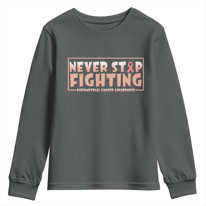 Endometrial Cancer Fighter Youth Sweatshirt Never Stop Fighting Peach Ribbon