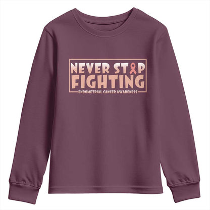Endometrial Cancer Fighter Youth Sweatshirt Never Stop Fighting Peach Ribbon