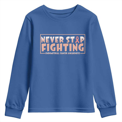 Endometrial Cancer Fighter Youth Sweatshirt Never Stop Fighting Peach Ribbon