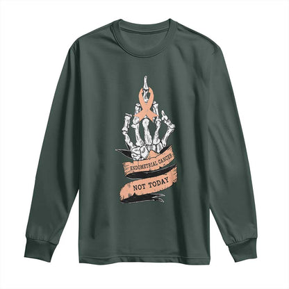 Funny Endometrial Cancer Skeleton Not Today Long Sleeve Shirt Fighter Peach Ribbon