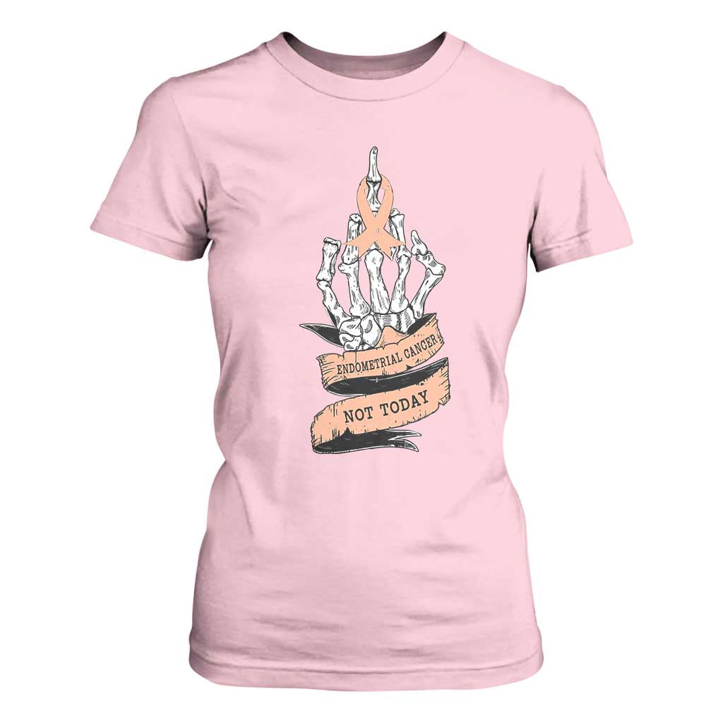 Funny Endometrial Cancer Skeleton Not Today T Shirt For Women Fighter Peach Ribbon