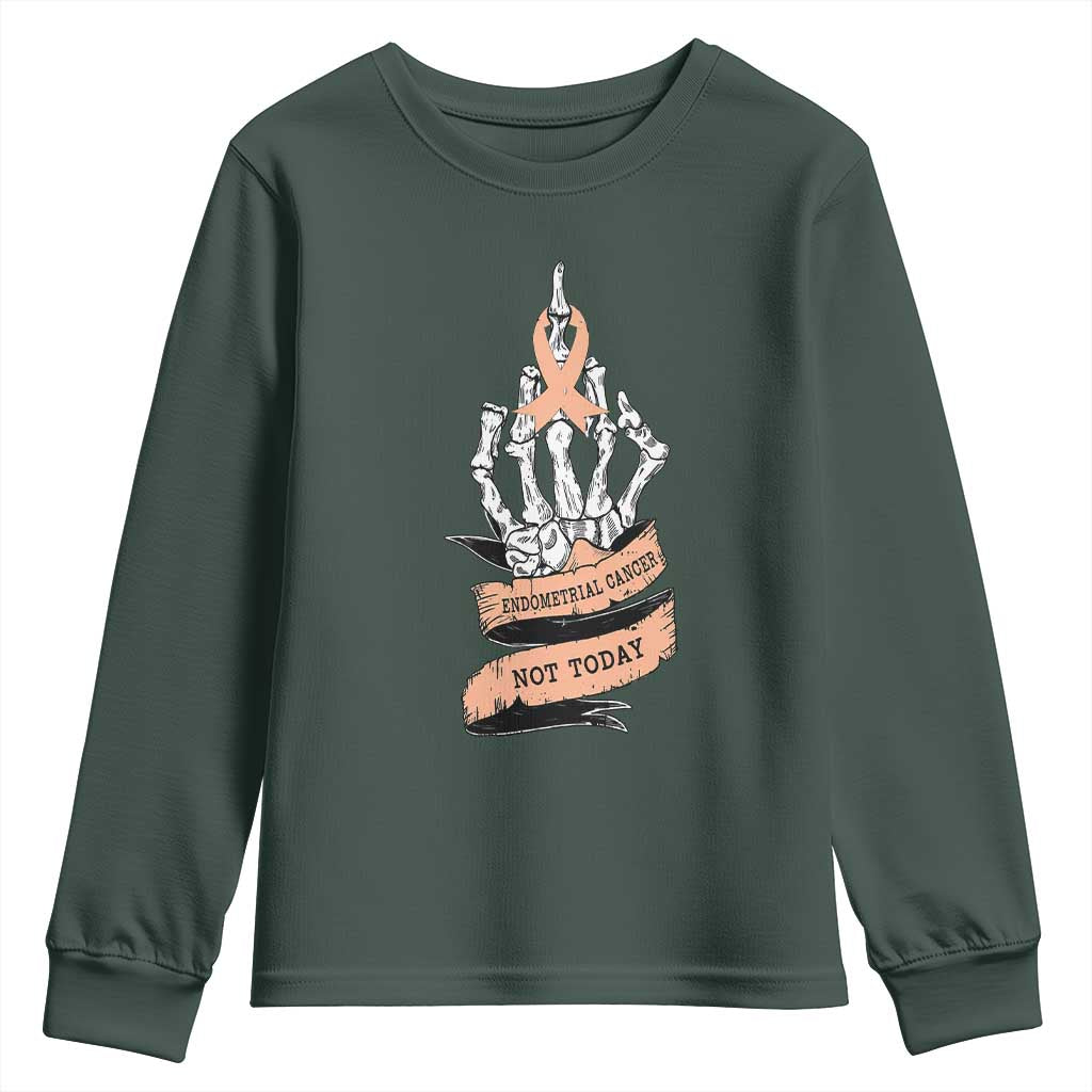 Funny Endometrial Cancer Skeleton Not Today Youth Sweatshirt Fighter Peach Ribbon