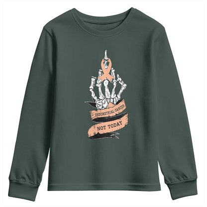 Funny Endometrial Cancer Skeleton Not Today Youth Sweatshirt Fighter Peach Ribbon