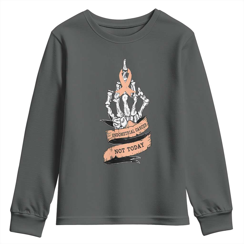 Funny Endometrial Cancer Skeleton Not Today Youth Sweatshirt Fighter Peach Ribbon