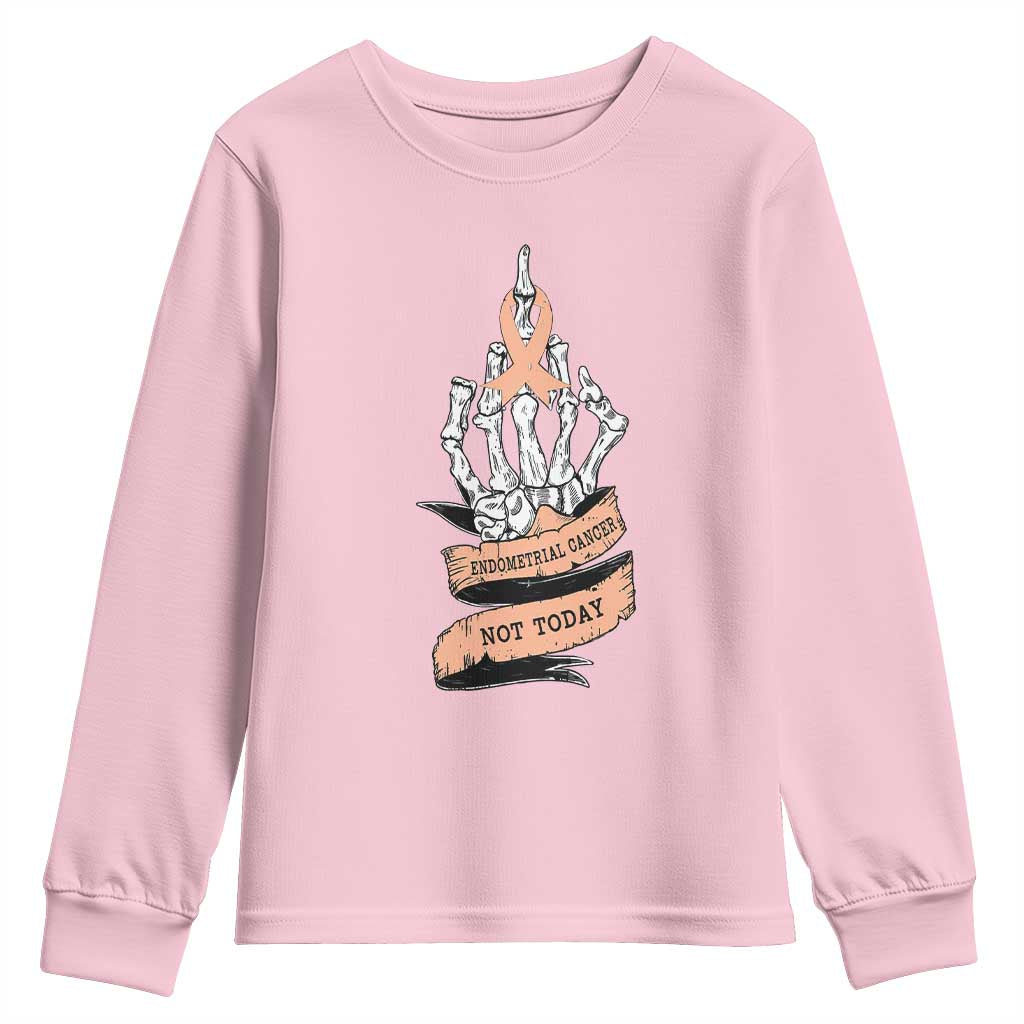 Funny Endometrial Cancer Skeleton Not Today Youth Sweatshirt Fighter Peach Ribbon