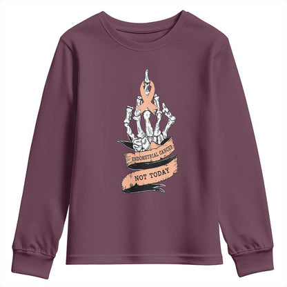 Funny Endometrial Cancer Skeleton Not Today Youth Sweatshirt Fighter Peach Ribbon