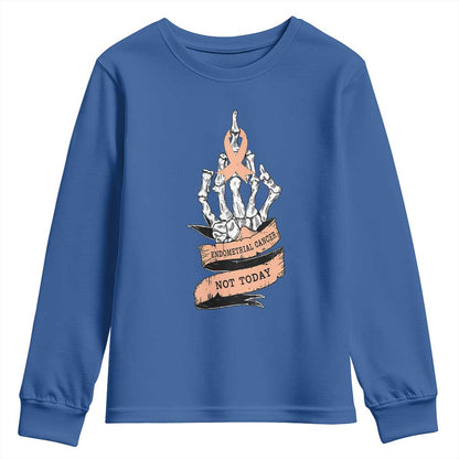 Funny Endometrial Cancer Skeleton Not Today Youth Sweatshirt Fighter Peach Ribbon
