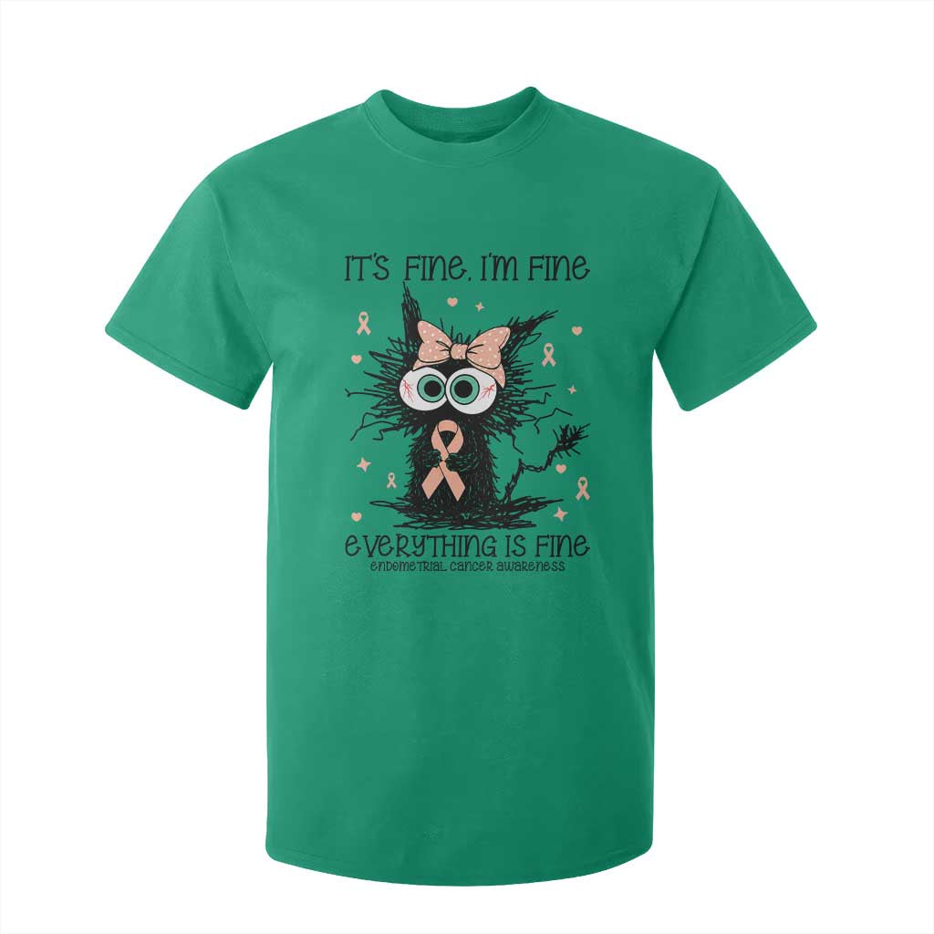 Funny Black Cat Endometrial Cancer T Shirt For Kid Its Fine Im Fine Everything Is Fine