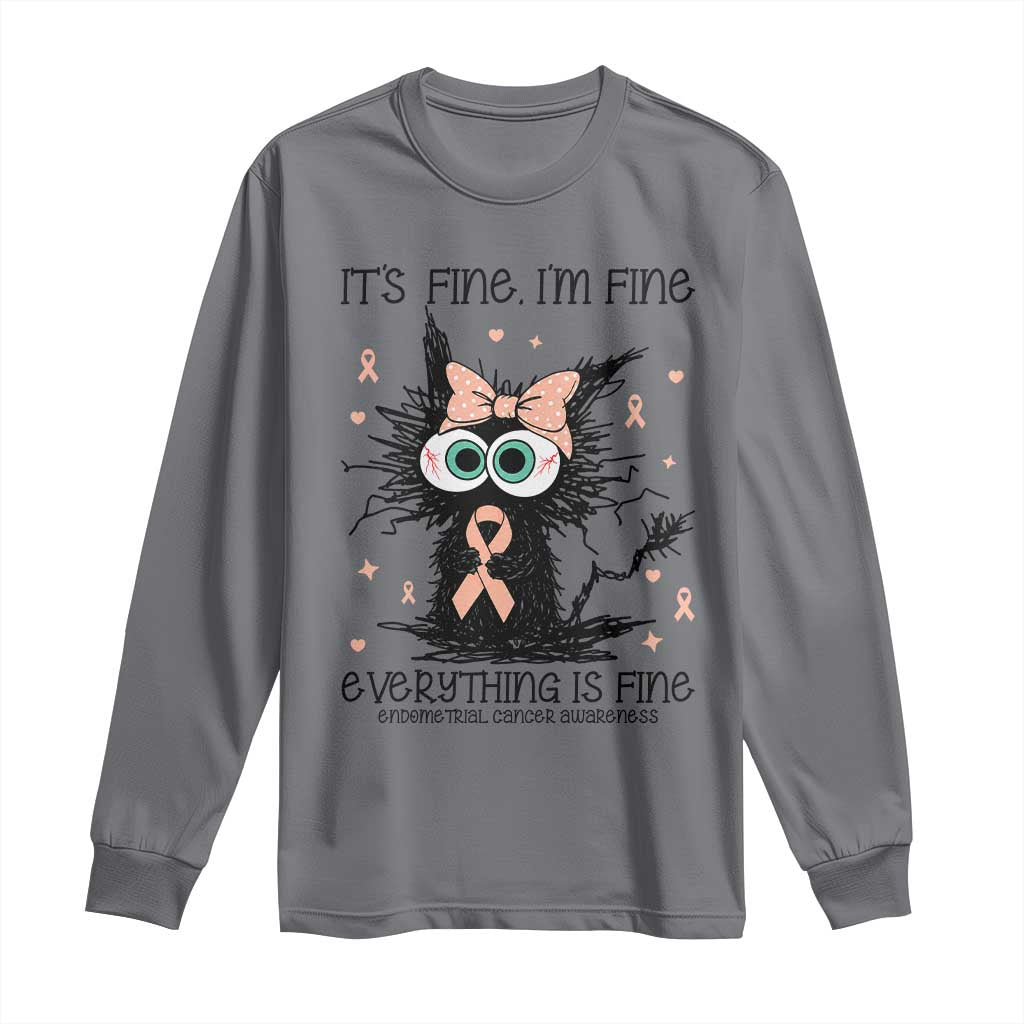 Funny Black Cat Endometrial Cancer Long Sleeve Shirt Its Fine Im Fine Everything Is Fine