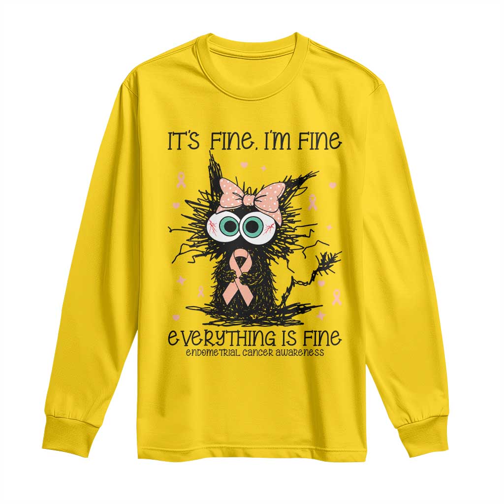 Funny Black Cat Endometrial Cancer Long Sleeve Shirt Its Fine Im Fine Everything Is Fine