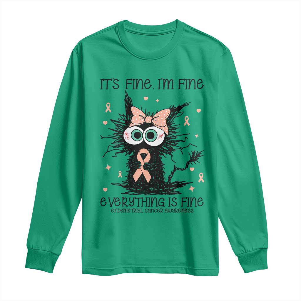 Funny Black Cat Endometrial Cancer Long Sleeve Shirt Its Fine Im Fine Everything Is Fine