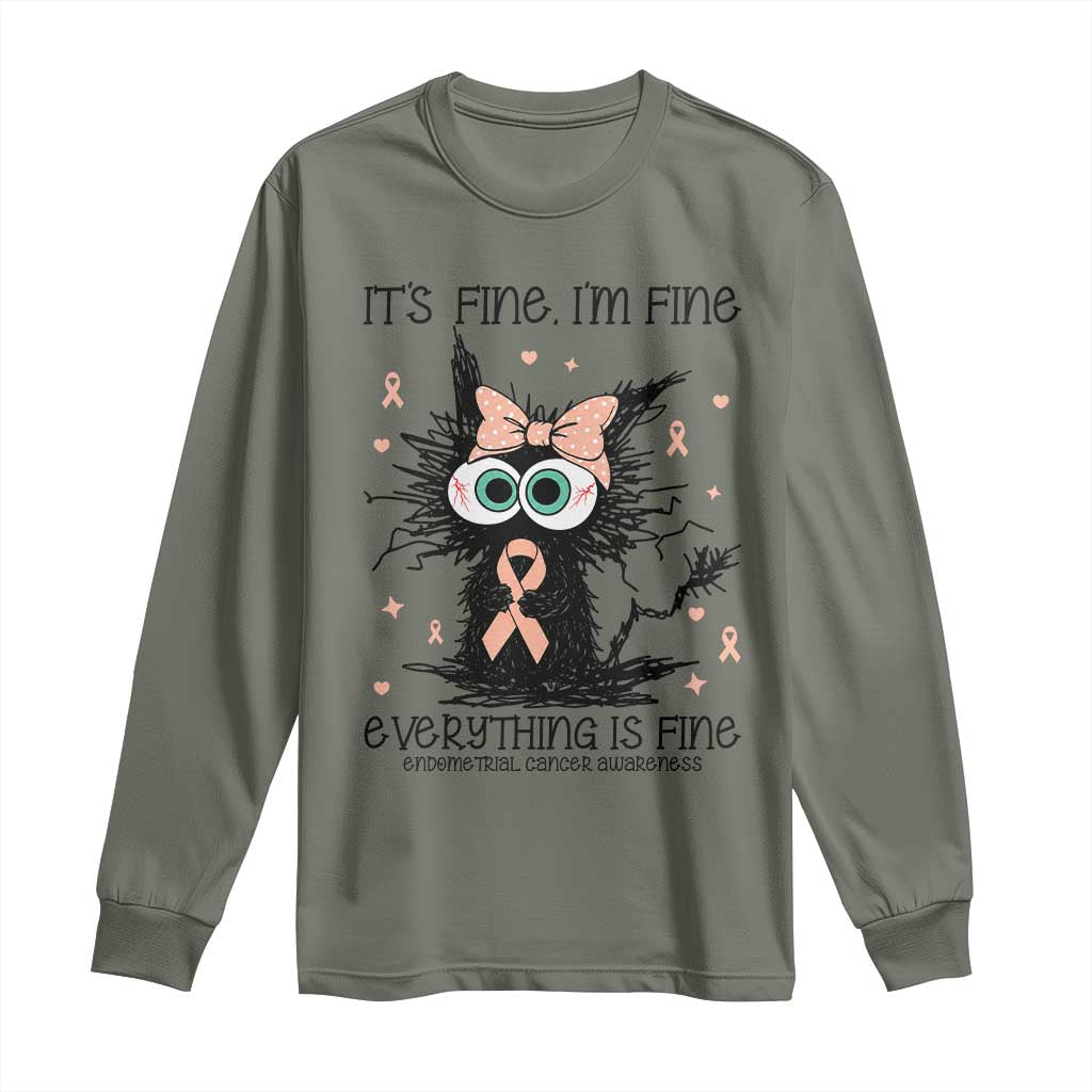 Funny Black Cat Endometrial Cancer Long Sleeve Shirt Its Fine Im Fine Everything Is Fine