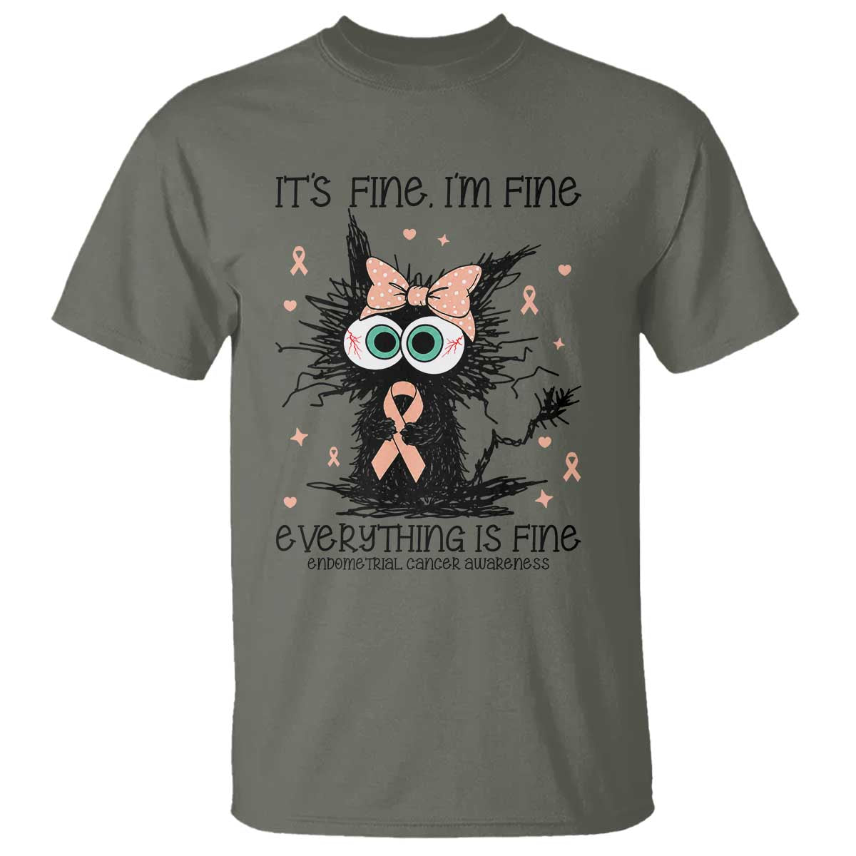 Funny Black Cat Endometrial Cancer T Shirt Its Fine Im Fine Everything Is Fine