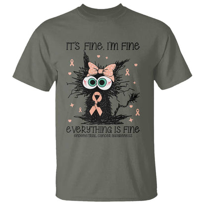 Funny Black Cat Endometrial Cancer T Shirt Its Fine Im Fine Everything Is Fine