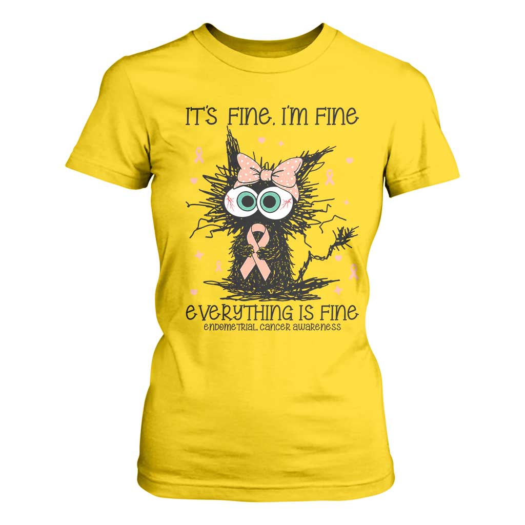 Funny Black Cat Endometrial Cancer T Shirt For Women Its Fine Im Fine Everything Is Fine