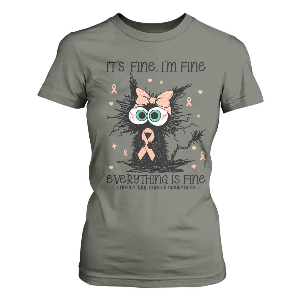 Funny Black Cat Endometrial Cancer T Shirt For Women Its Fine Im Fine Everything Is Fine