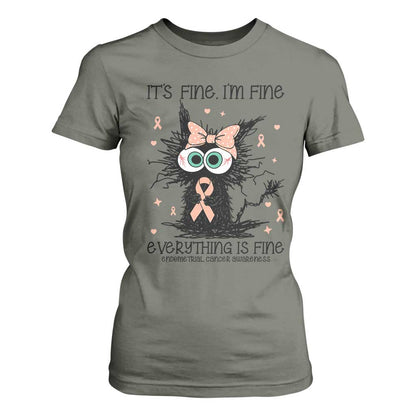 Funny Black Cat Endometrial Cancer T Shirt For Women Its Fine Im Fine Everything Is Fine