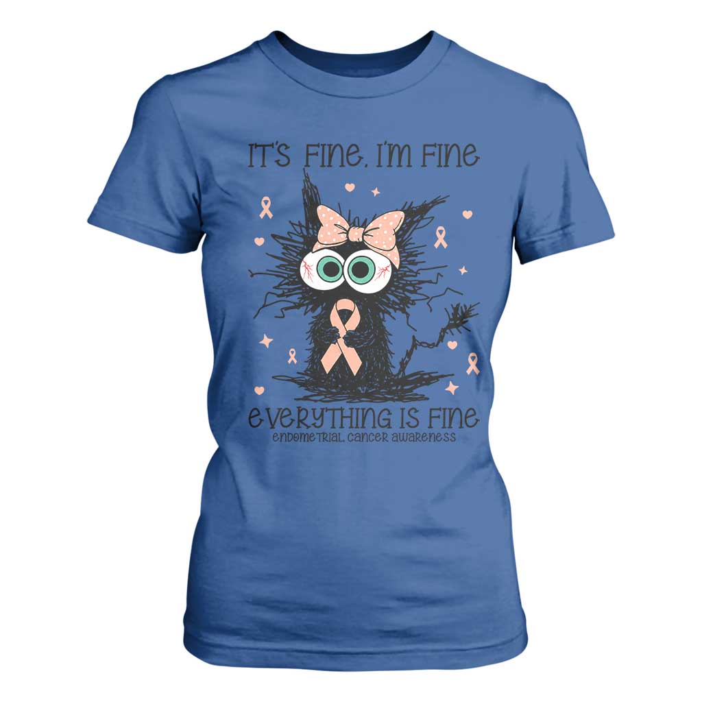 Funny Black Cat Endometrial Cancer T Shirt For Women Its Fine Im Fine Everything Is Fine
