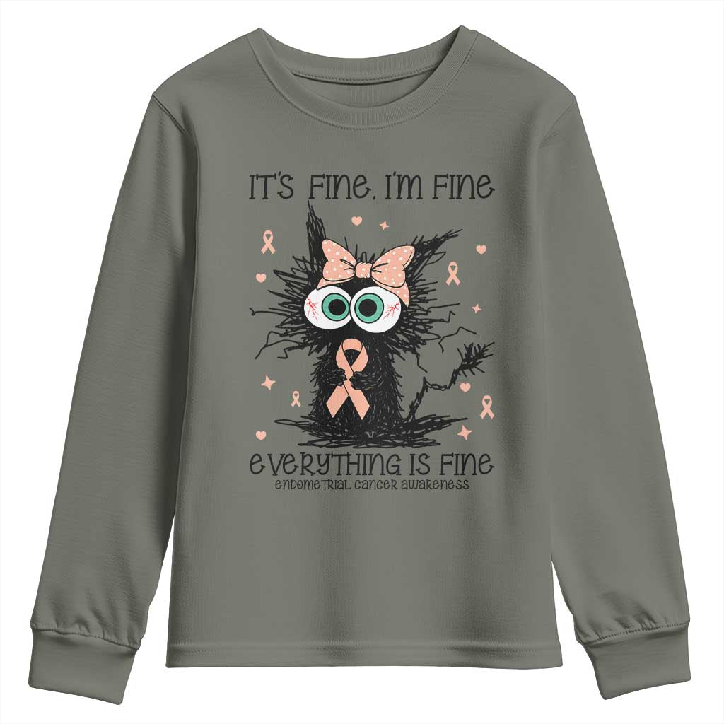 Funny Black Cat Endometrial Cancer Youth Sweatshirt Its Fine Im Fine Everything Is Fine
