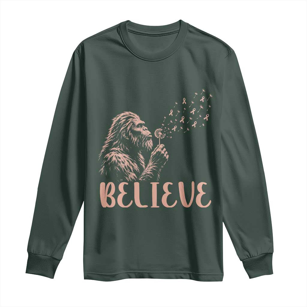 Funny Bigfoot Blowing Dandelion Flower Graphic Long Sleeve Shirt Believe Endometrial Cancer