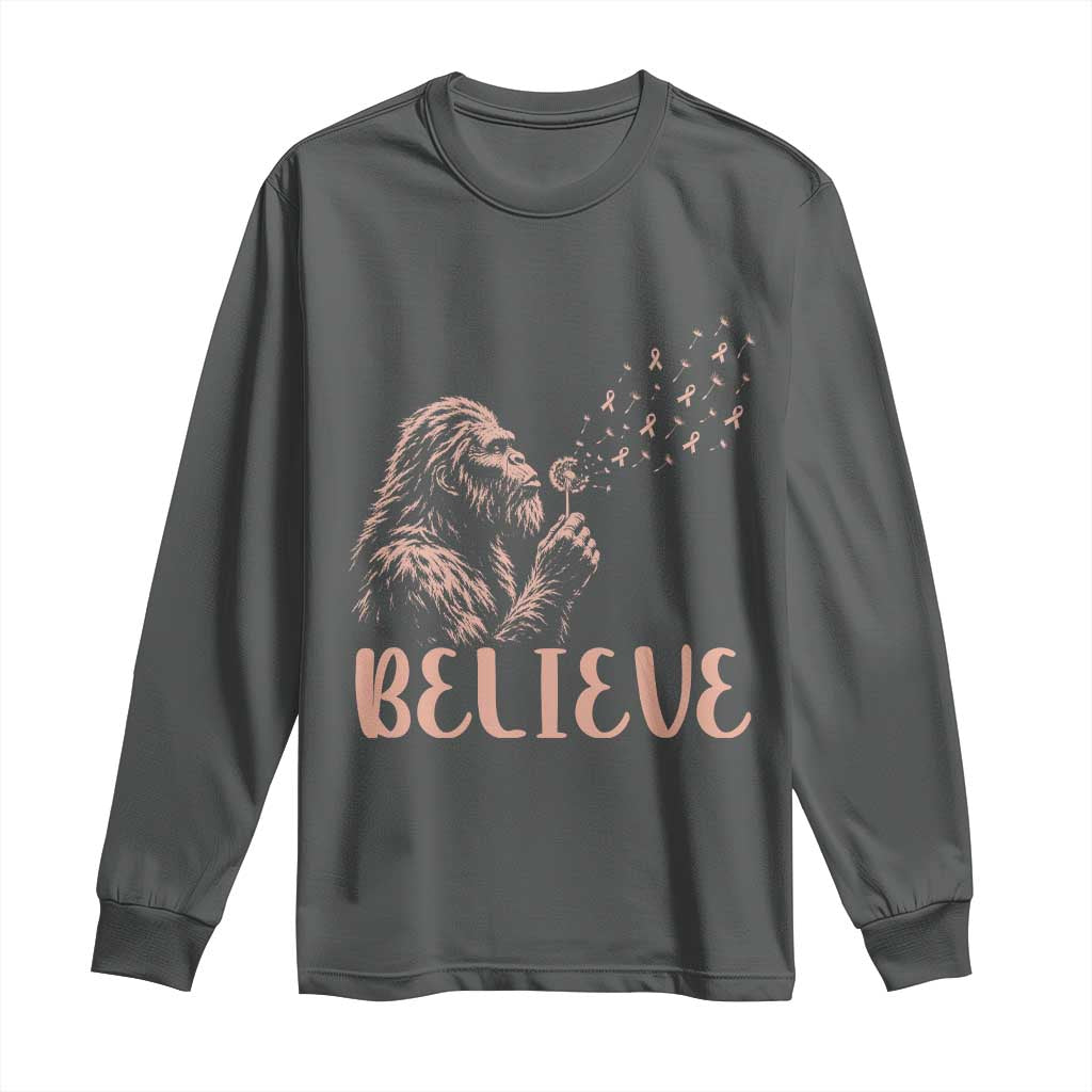 Funny Bigfoot Blowing Dandelion Flower Graphic Long Sleeve Shirt Believe Endometrial Cancer
