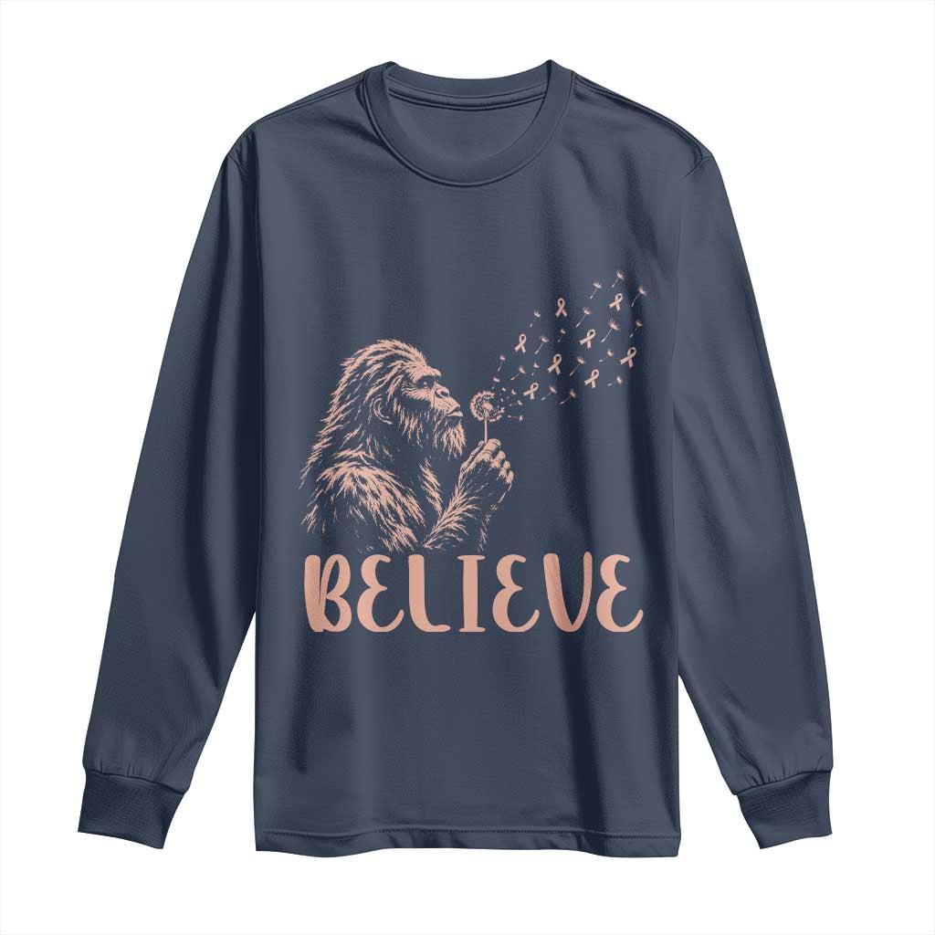Funny Bigfoot Blowing Dandelion Flower Graphic Long Sleeve Shirt Believe Endometrial Cancer