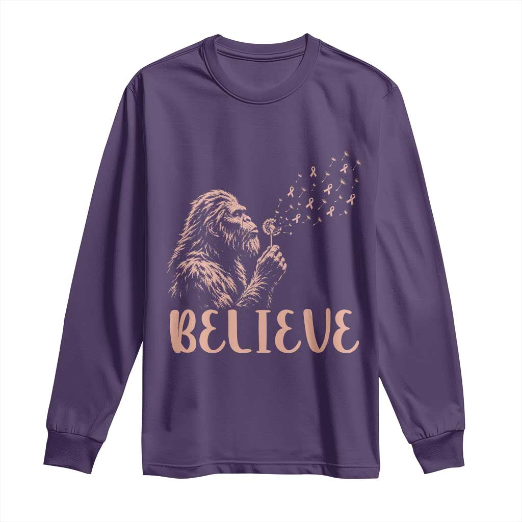 Funny Bigfoot Blowing Dandelion Flower Graphic Long Sleeve Shirt Believe Endometrial Cancer