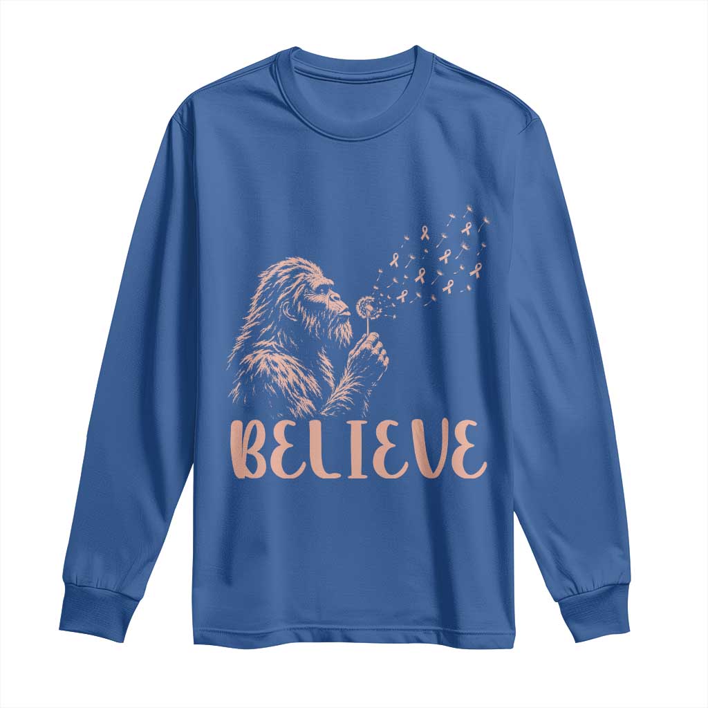 Funny Bigfoot Blowing Dandelion Flower Graphic Long Sleeve Shirt Believe Endometrial Cancer