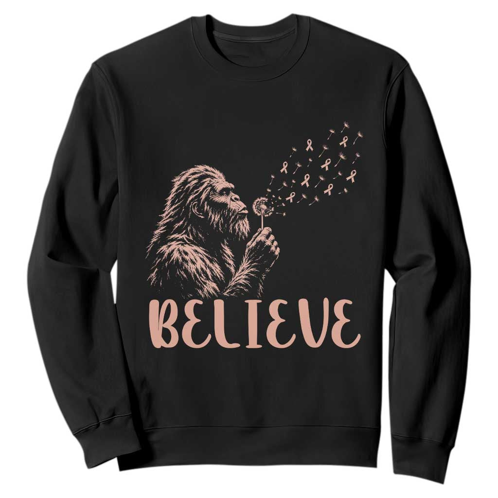 Funny Bigfoot Blowing Dandelion Flower Graphic Sweatshirt Believe Endometrial Cancer