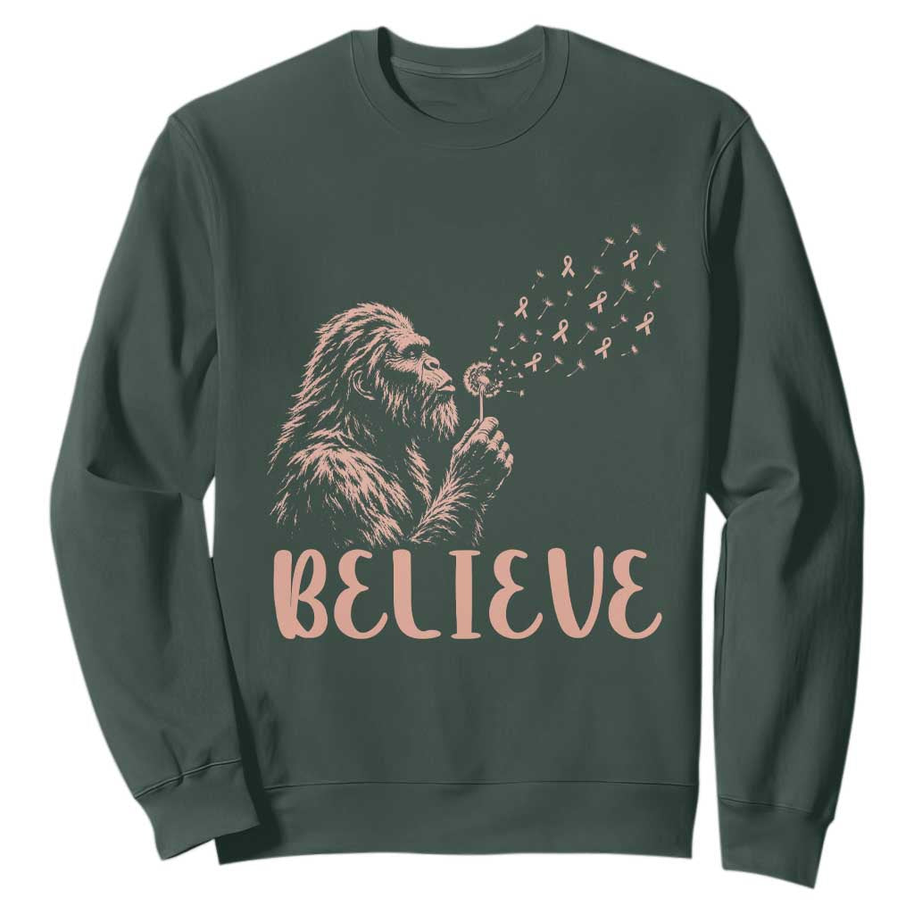 Funny Bigfoot Blowing Dandelion Flower Graphic Sweatshirt Believe Endometrial Cancer