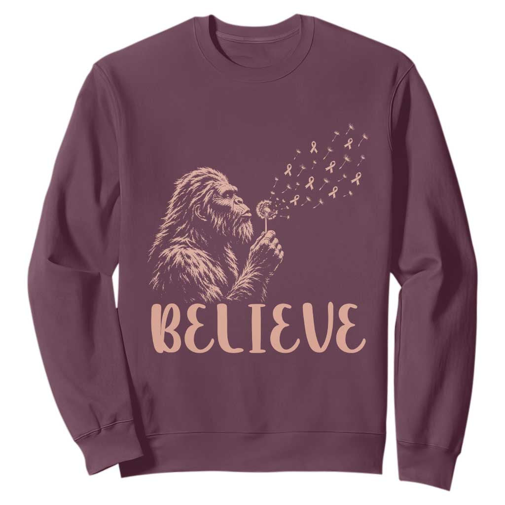 Funny Bigfoot Blowing Dandelion Flower Graphic Sweatshirt Believe Endometrial Cancer