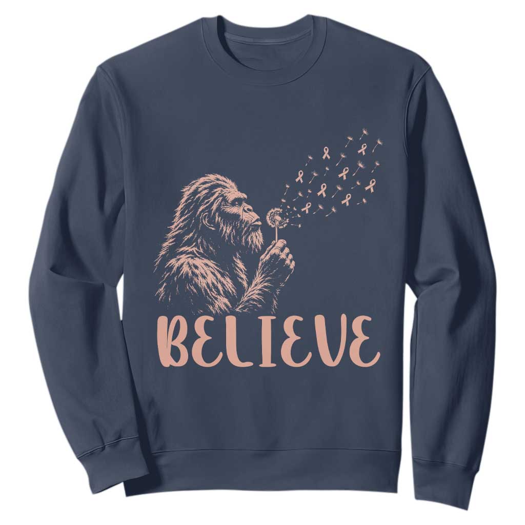 Funny Bigfoot Blowing Dandelion Flower Graphic Sweatshirt Believe Endometrial Cancer